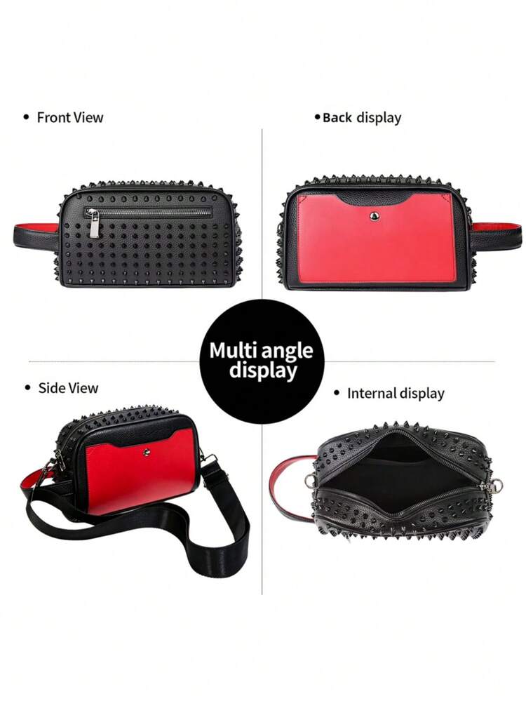 HOVI'S Men's Punk Rivet Studded Crossbody & Clutch Bag, 2-In-1 Convertible PU Leather Sling Bag With Detachable Strap, Multi Compartment Casual Shoulder Bag - Red - View 3