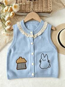 WUHUANG YIYI Baby Girls Sweet Cute Style Round Neck Lace Trim Solid Color Handmade Cartoon Cat Design Sweater Vest Cardigan Loose Fit Suitable For Daily Outing Autumn - Baby Blue - View 1