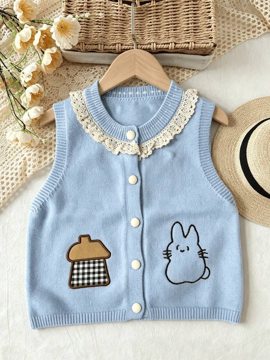 WUHUANG YIYI Baby Girls Sweet Cute Style Round Neck Lace Trim Solid Color Handmade Cartoon Cat Design Sweater Vest Cardigan Loose Fit Suitable For Daily Outing Autumn - Baby Blue - View 1