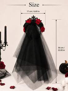 1pc Gothic Crown Veil Headband, Artificial Rose Flower Headband, Dark Vampire Cosplay Hair Accessory, Suitable For Halloween, Christmas Costume Party, Formal Ball (17*56cm/6.69*22.05in) - Crown Veil - View 9
