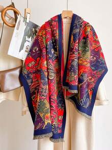 1pc Autumn/Winter New Youthful Cartoon Cat Pattern Faux Cashmere Jacquard Scarf For Women, Cute Soft Tassel Shawl, Warm Windproof Neck Warmer, Soft Skin-Friendly, Suitable For Holiday Gift Matching - Royal Blue - View 4