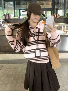 Korean Style Contrast Color Striped Collared Sweater Women Design Casual Loose Pullover Long Sleeve Knit Top (Stripes Random) - Pink - View 3