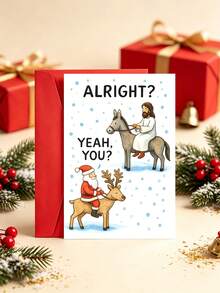 1pc Funny Comical Christmas Card With Envelope, "Alright? Yeah, You?", Humorous Santa & Festive Rider On Reindeer & Donkey Xmas Greeting Card, Hilarious Gift For Friends Family Coworkers, Blank Inside - View 2