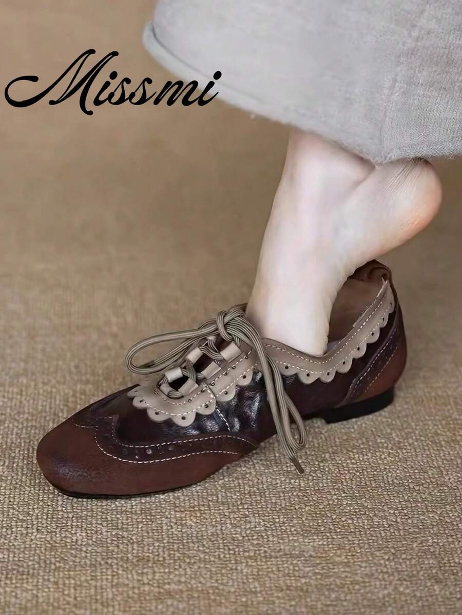 Vintage Red Versatile Hook & Loop Mary Jane Shoes Women Spring New Leather Casual Round Toe Flat Shoes,Ballet Flats - Brown - View 1