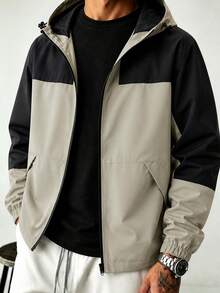 Plus Size Men's Long Sleeve Casual Hooded Sports Jacket With Pockets , Lightweight Windbreaker, Regular Fit, Machine Washable, Polyester Fabric With Color Blocking, Fall - Beige - View 1