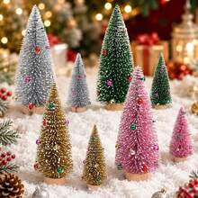 5pcs Set Snow Flocked Bottle Brush Christmas Tree, Multicolor Mini Pine Trees With Decorative Balls, Wooden Base, Desktop Winter Village Christmas Home Decor - Multicolor - View 3