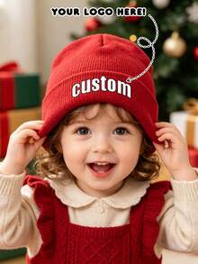 [Customized] Personalized Kids Knitted Beanie With Text,Name Or Logo, Rolled Edge Boy Girl Hat For Daily Wear & Holiday Gift - Multicolor - View 3