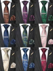 4‑Pcs Men Paisley Pattern Neck Tie Set, Jacquard Woven Necktie, Pocket Square, Tie Clip, Feather Lapel Pin For Wedding Business Formal Occasion - Multicolor - View 8