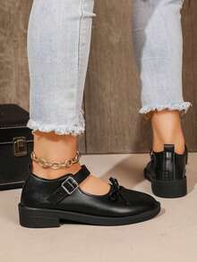 Women's Bow Mary Jane Shoes, Single Strap Buckle Low Chunky Heel, Preppy Vintage Shoes - Black - View 5
