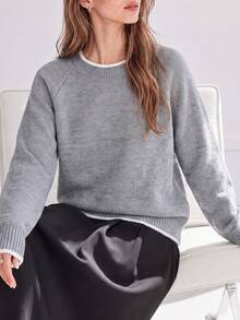 Women's New Winter Casual Minimalist Contrast Trim Crew Neck Pullover Sweater - Grey - View 5