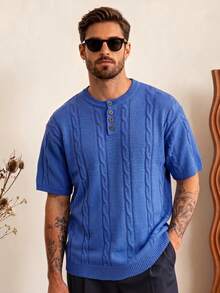 Men's Unisex Round Neck Knit Top, Casual Loose Fit Solid Color Half-Open Collar Short Sleeve T-Shirt, Spring/Summer - Blue - View 1