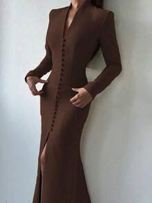 Floreya Primavera/Verano Ligero Negocios Desplazamiento Elegante Fiesta Vacaciones Cita Corte Formal Manga Larga Vestido Marrón - Marrón - Ver 2