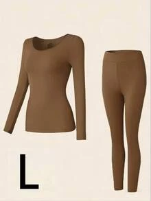 2pcs Women Thermal Underwear Set Seamless Long Sleeve Crew Neck Top & Pants Ultra Thin Warm Solid Color Base Layer, Lightweight Soft Comfortable Loungewear Pajama Outfit Versatile Wear Under Clothes Or As Casual Outerwear For Autumn Winter - Women's Slim Fit Shapewear Base Layer - View 15