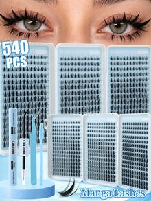 540Pcs Spiky Manga Lash Clusters Kit, Anime Individual Cluster Lashes 8-16mm Mixed Length DIY Eyelash Extension Set With Lash Bond & Seal, Tweezers & Brushes, Segmented Fake Eyelashes For Beginners - White - View 2