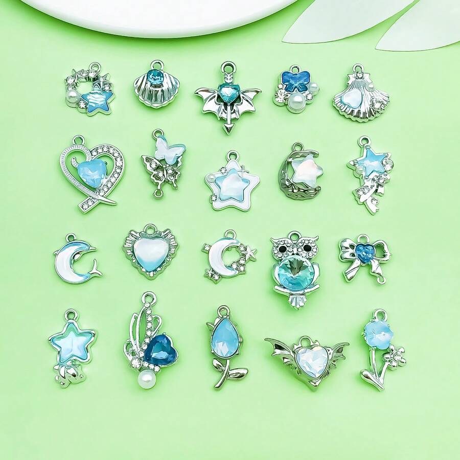 5/20pcs Blue Rhinestone Charms Star Moon Bat Heart Dolphin Shell Butterfly Pendant For DIY Bracelet Necklace Earring Y2K Jewelry Making Findings - Blue - View 1