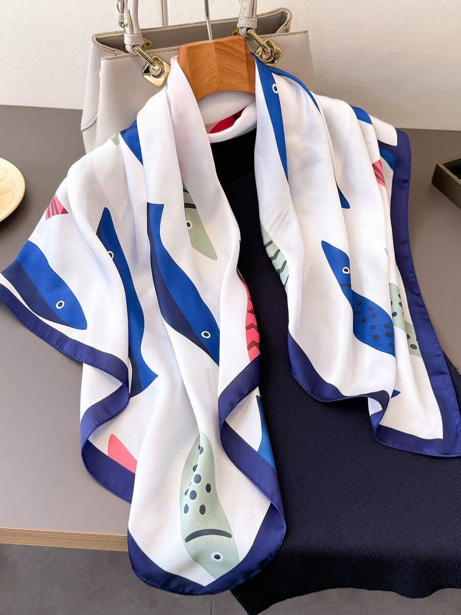 1 Pc Fashion Korean Style Cartoon Fun Fish Women's Imitation Silk Scarf Hair Versatile Square Bandana Sunscreen Shawl For Daily Vacation Decor Ribbon. - White - View 1