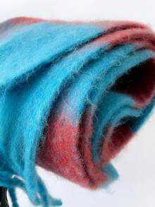 1PcWomen Fuzzy Mohair Texture Plaid Fringe Scarf, Oversized Color Block Check Winter Warm Neck Wrap Shawl - Red and Blue - View 8