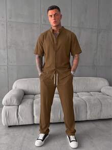 YUNCHIC Summer Ice Silk Textured Coffee Brown Stand Collar Short Sleeve Set Men's Thin Breathable Casual 2 Pieces Outfit Vacation Commute Drape Long Pants - Coffee Brown - View 3