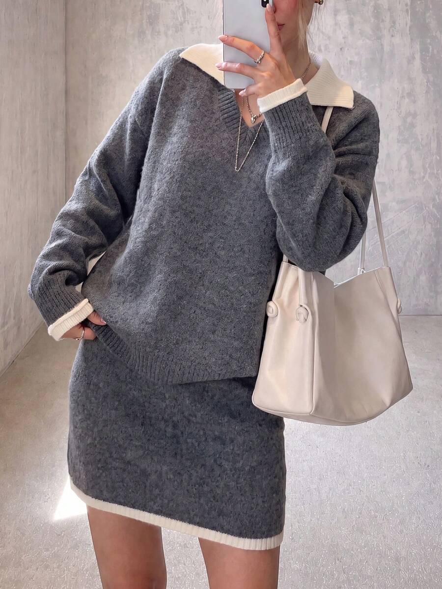 Women's Vintage Ribbed Knit Sweater Set, Contrast Color Collar And Hem, Winter Warm, Slightly Elastic Skirt Paired With V-Neck Top - Grey - View 1