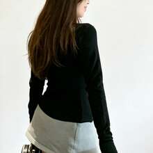 Black Regular Shoulder Round Neck Long Sleeve T-Shirt Women's Autumn Innerwear Outerwear Base Layer Slim Fit Basic Style Fashion Commute Outfit Top - Black - View 6