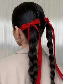 1/2pcs Glossy Satin Red Bow Hair Clips, Elegant Long Ribbon Hair Accessories, Suitable For Romantic Valentine's Day Date And Fashionable Daily Hairstyle - Red - View 4