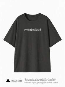 Women's Casual Oversized Crew Neck Short Sleeve "Overstimulated" T-Shirt Summer - Dark Grey - View 3