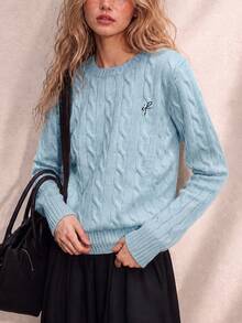 Women's Winter Casual Minimalist V-Neck Pullover Sweater With Retro Argyle Pattern - Baby Blue - View 3