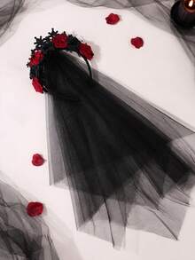 1pc Gothic Crown Veil Headband, Artificial Rose Flower Headband, Dark Vampire Cosplay Hair Accessory, Suitable For Halloween, Christmas Costume Party, Formal Ball (17*56cm/6.69*22.05in) - Crown Veil - View 7
