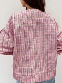 Women's Pink Plaid Long Sleeve Short Open Front Tweed Coat, Autumn/Winter Outfit Fall - Pink - View 4