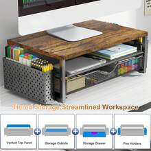 Monitor Stand Riser, Multifunctional Computer Stand, Wooden Desk Accessories And Organizer With Drawer And 2 Pen Holder, Desk Monitor Riser For Screen, Ergonomic Desktop Stand For Home Office Desk Space-Saving Accessory - Wood - View 3