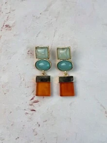 ZAA Geometric Color Block Resin Dangle Earrings, Mid-Century Retro Multi Stone Statement Drop Earrings For Fall Daily Party - Gold - View 17
