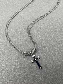 1pc Men's Pendant Necklace, Silver Titanium Steel, Cross Pendant Inlaid With CZ, Personalized Fashion Necklace, Suitable For Daily Wear And Holiday Gift - Silver - View 4