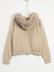 Women's Plush Trim Hooded Knit Cardigan, Winter Casual - Apricot - View 6