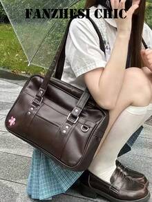 Ins Japanese Academy Style Minimalist Solid Color Cherry Blossom Embroidered Briefcase Large Capacity Can Fit Books Student Handbag Girl Commute Lolita Matching Shoulder Tote Bag - Coffee - View 3