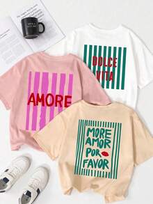 3pcs Women's Casual Short Sleeve Crew Neck T-Shirts - Printed Pattern, Soft & Comfortable Fabric, Machine Washable, Summer Tops - Multicolor - View 3
