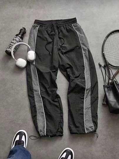 Men's Athletic Long Pants, Line & Colorblock Design, Drawstring Waist, Elastic Waistband, Multiple Colors, Couple Gift