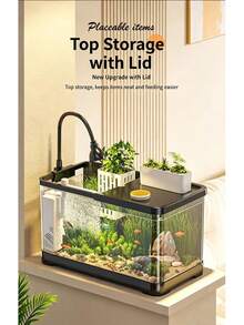 1pc Fish Tank With Lid, Fish Tank Set, Home Aquarium, Small-Medium Hydroponic Fish Tank, Living Room Transparent Goldfish Tank, Desktop Mini Fish Tank With Landscaping - Black - View 8