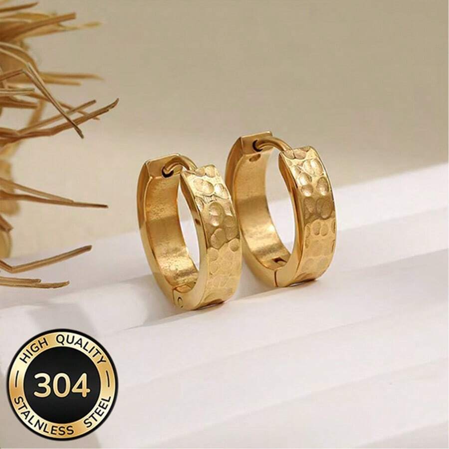 1 Pair Fashion Meteorite Crater Textured Design Earrings, Hoop Earrings, Stainless Steel, Electroplated, 18K Gold Color, Ear Jewelry - Gold - View 1