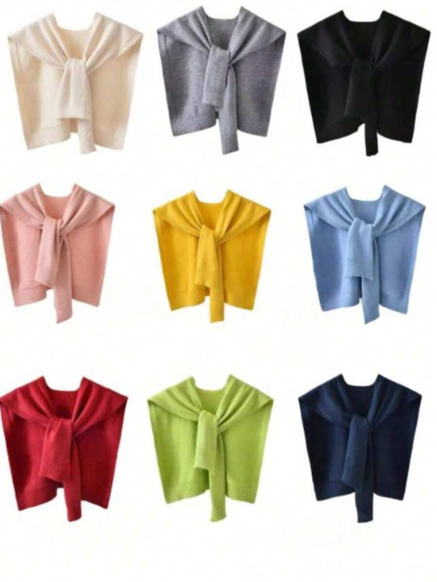 1pc Women's Core Spun Yarn Knit Shawl, Spring/Autumn Outerwear, Solid Color Thin Cardigan, Summer Knot Fake Collar Scarf - Multicolor - View 1