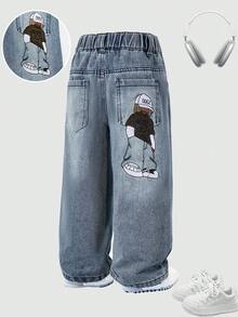 Toddler Cartoon Embroidered Straight Leg Jeans - Blue - View 2
