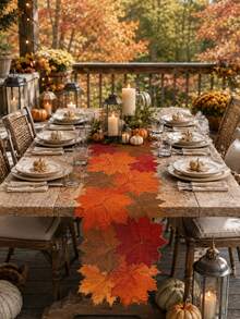 1pc Autumn Maple Leaf Shaped Linen Table Runner, Farmhouse Style Harvest Layered Leaf Dining Table Runner, Rustic Seasonal Table Centerpiece Decor, Suitable For Kitchen, Dining Room, Coffee Table, Thanksgiving Halloween Autumn Home Party Decoration - Multicolor - View 9