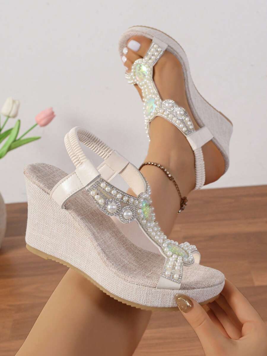Women's Bohemian-Style Retro Open-Toe Wedge Sandals Featuring Pearl-Embellished T-Straps; Suitable For Beach Vacations And Parties. - Beige - View 1