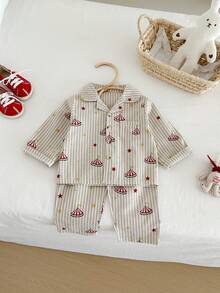 Miniweenns 2pcs/Set Unisex Baby Striped Base Long Sleeve Outfit, Collar + Buttons + Pockets, Circus Star Print - Khaki - View 5
