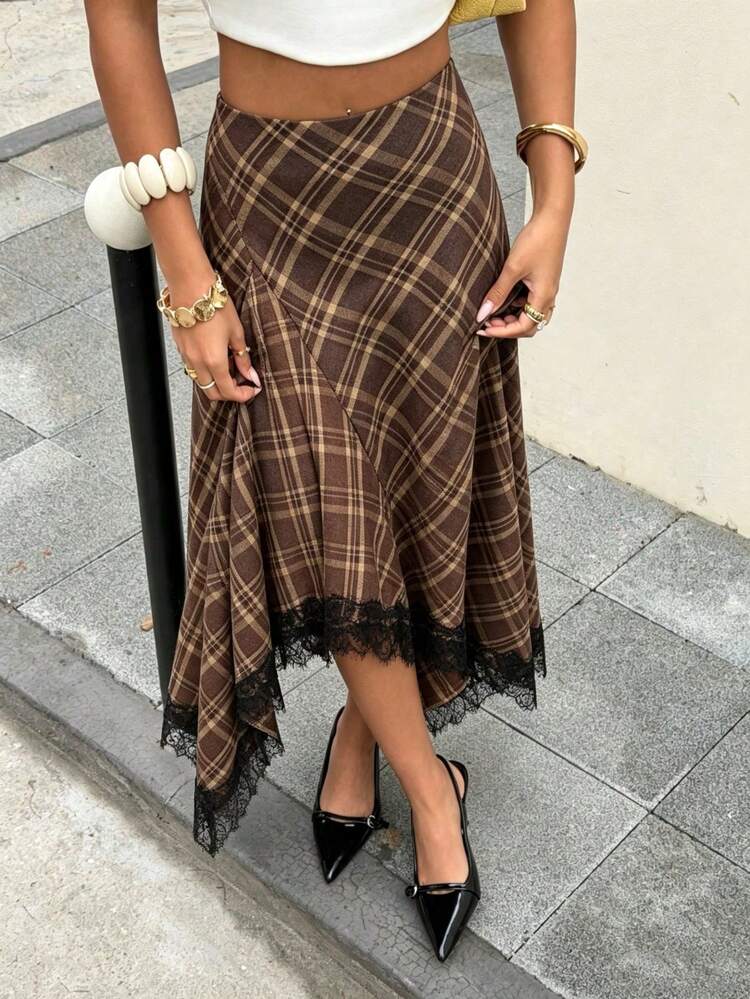 DEEKA Spring/Summer New Arrival Women's Fashion Versatile Minimalist Plaid Lace Skirt - Brown - View 1