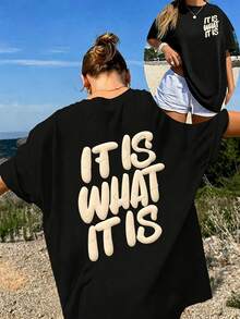 Casual Oversized Round Neck Drop-Shoulder T-Shirt By Mme Xia, Plus Size, Comfortable And Slightly Elastic. - 黑色4 - 查看 9