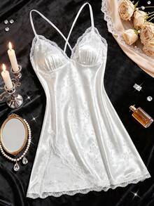 Sexy Women's Floral Solid Color Nightgown, Deep V-Neck Lace Patchwork, Asymmetrical Hem, Comfortable Charming Loungewear - White - View 9