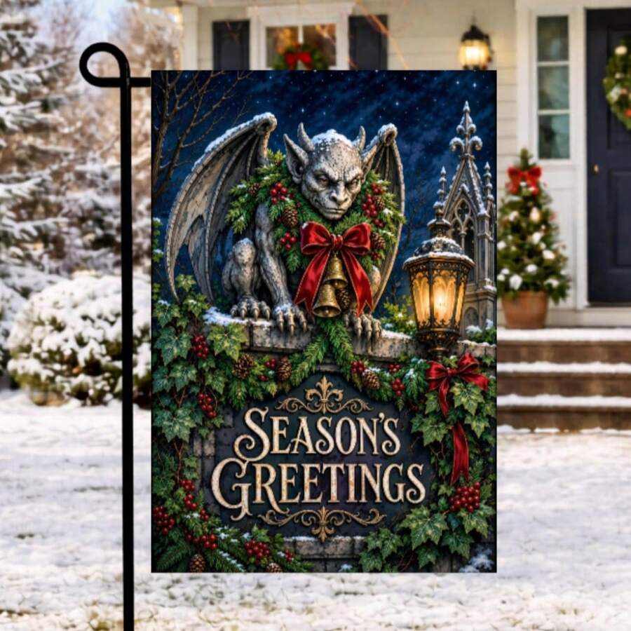 Christmas Gargoyle Garden Flag, Holiday Greetings Gothic Holiday Decor, 1pc, Single-Sided Print, Flag Pole Not Included