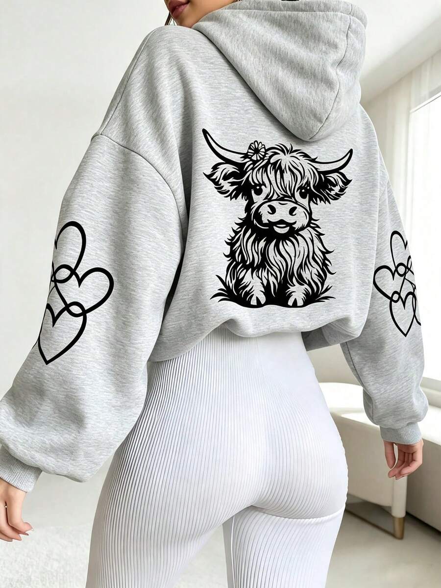Women's Plain Front Back High-Waist Cow Heart Outline Print Drawstring Hooded Sweatshirt, Kangaroo Pocket Loose Casual Long Sleeve Sweatshirt Fall
