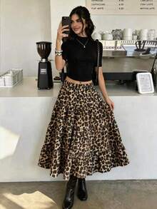 New Fashionable Leopard Print Pleated Flared Skirt, Elastic Waist Design, Loose Fit Women Long Skirt, Suitable For Spring And Autumn Summer - Brown - View 3