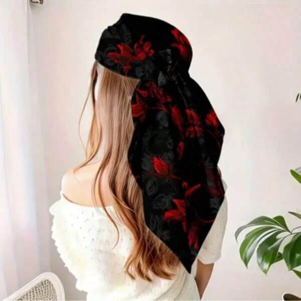 Dark Style Red & Black Floral Hand-Drawn Line Pattern, Premium Flexible Fabric, High Elasticity, Quick-Drying, Outdoor Cycling, Beach Vacation, Daily Wear, Yoga, Pilates, Music Festival, Photo-Worthy, Magic Headscarf, Silk Scarf Accessory, Versatile Styling Scarf